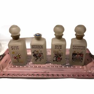 Antique set of 4 glass bottle decanter with design